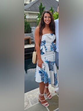 Strapless White High-Low Dress with Teal Leaf Print